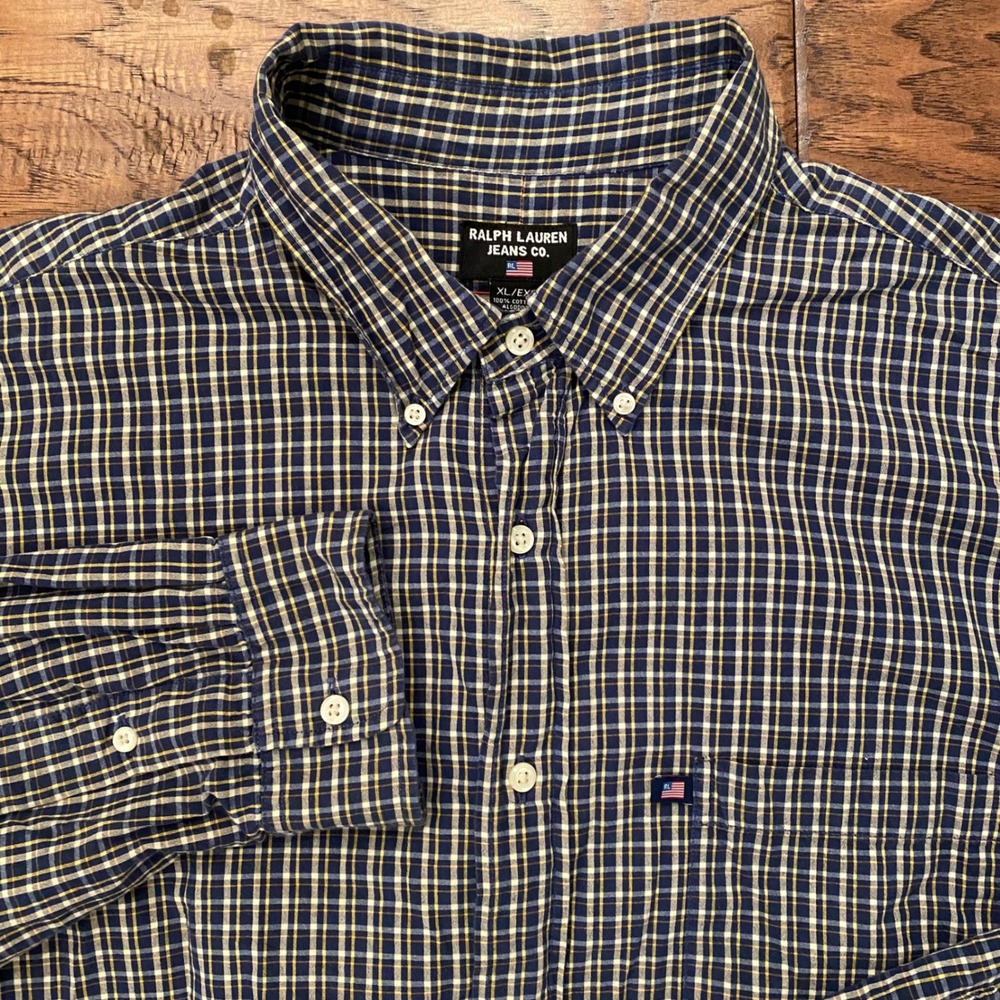 Ralph Lauren Jeans Co Button Down Shirt Mens XL Blue Yellow Plaid Long Sleeve